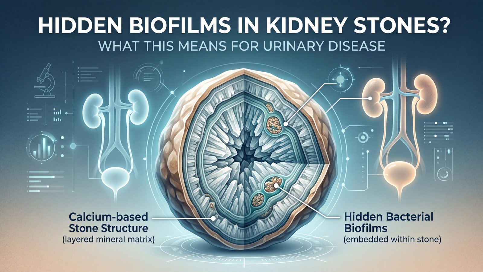 Hidden bacterial biofilms inside calcium-based kidney stones, highlighting possible links to chronic urinary disease